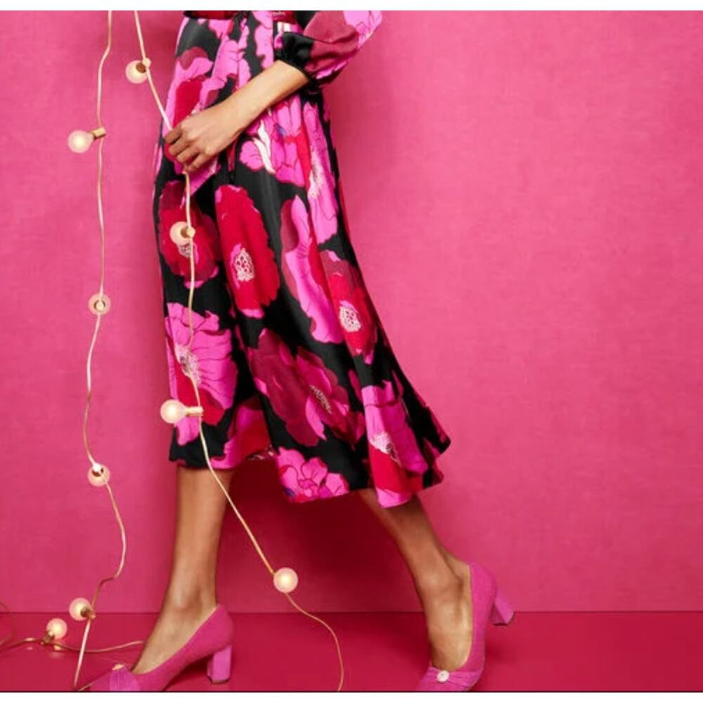 Talbots Black Pink Red Floral Midi Dress Balloon Sleeve Zip Back Size 6 Feminine - Picture 5 of 8